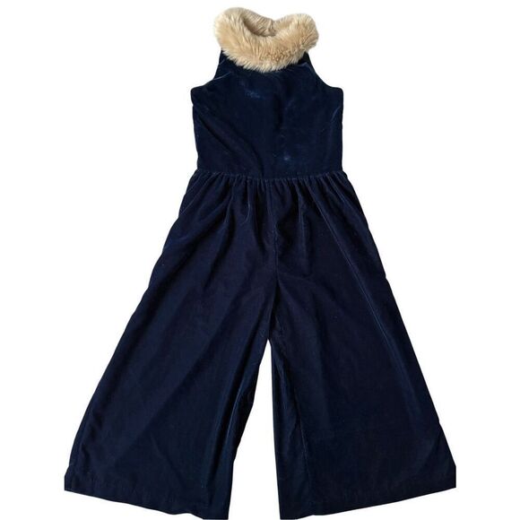 Janie and Jack Velvet Faux Fur Collar Jumpsuit girl’s size 7 Navy Blue - Picture 3 of 9